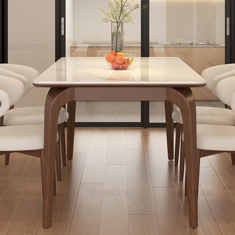 胡桃色亮光岩板餐桌家用现代简约客厅长方形饭桌子轻奢餐桌椅组合