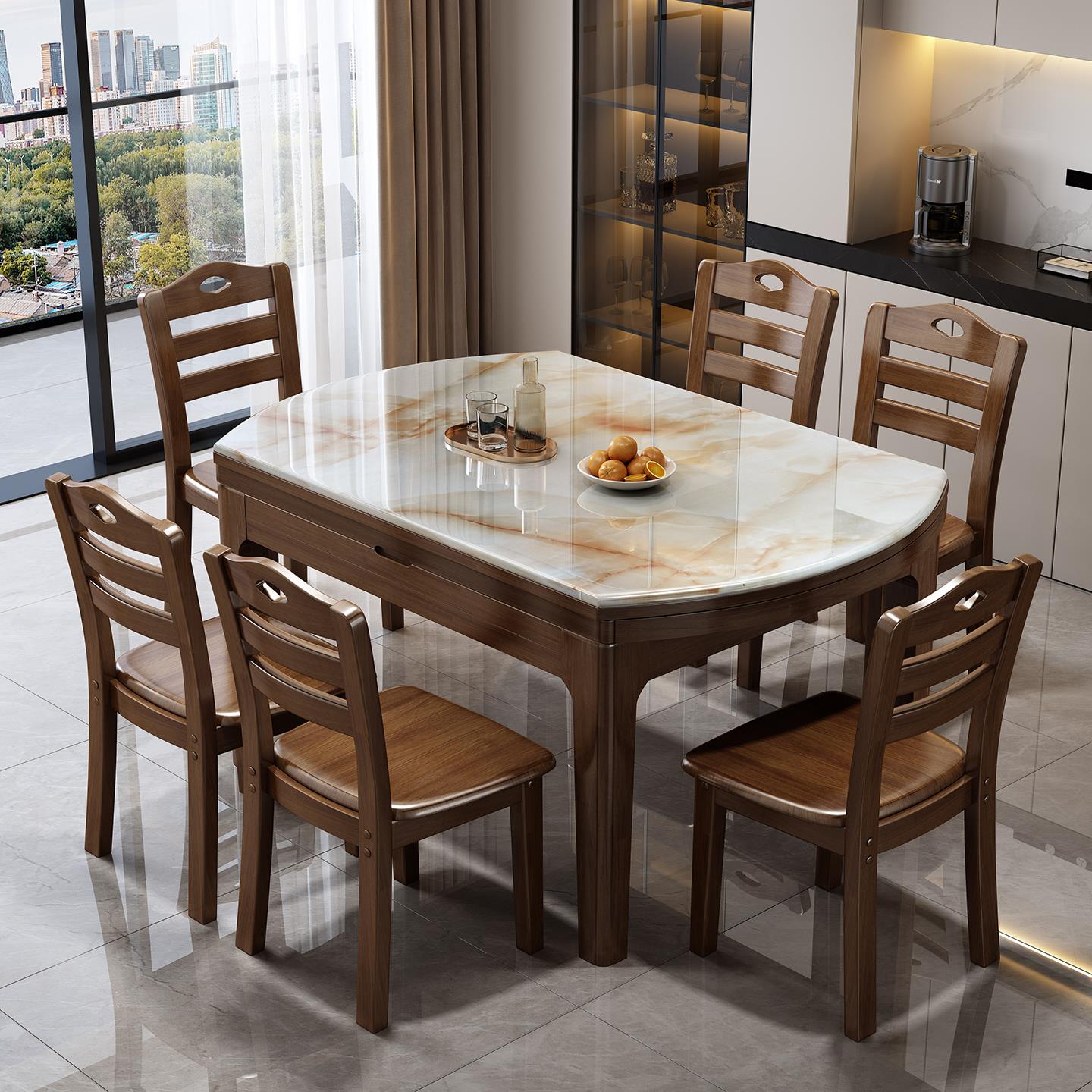 大理石餐桌椅组合实木餐桌子家用折叠可伸缩6/10人小户型圆形饭桌