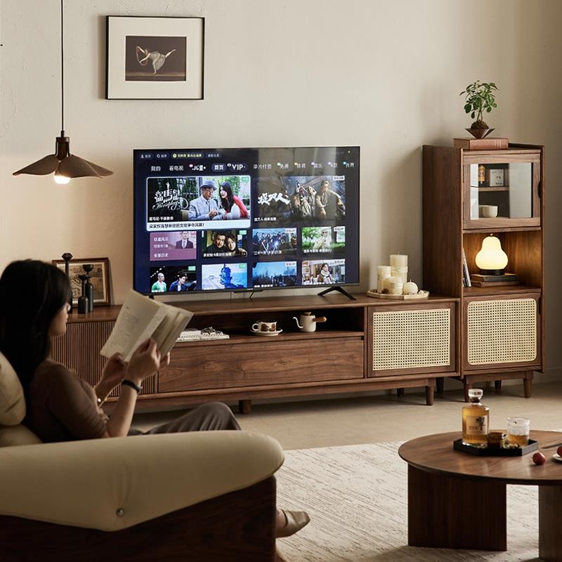 北欧黑胡桃木电视柜茶几组合覆古实木地柜客厅收纳柜落地家用原木