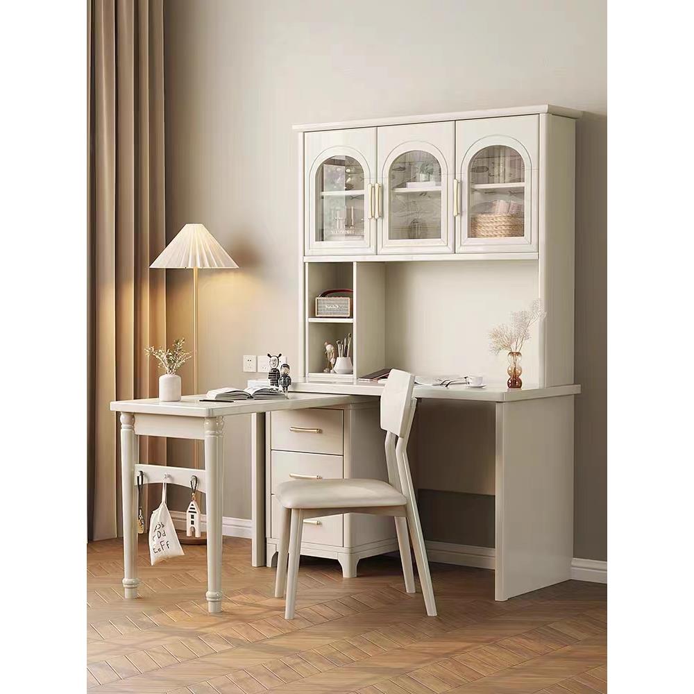 白色实木书桌书架一体学生家用学习桌现代卧室简约书柜转角电脑桌