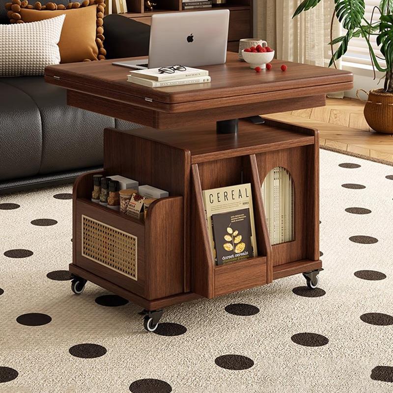 移动升降茶几中古小推车实木折叠小户型沙发边柜客厅多功能小桌子