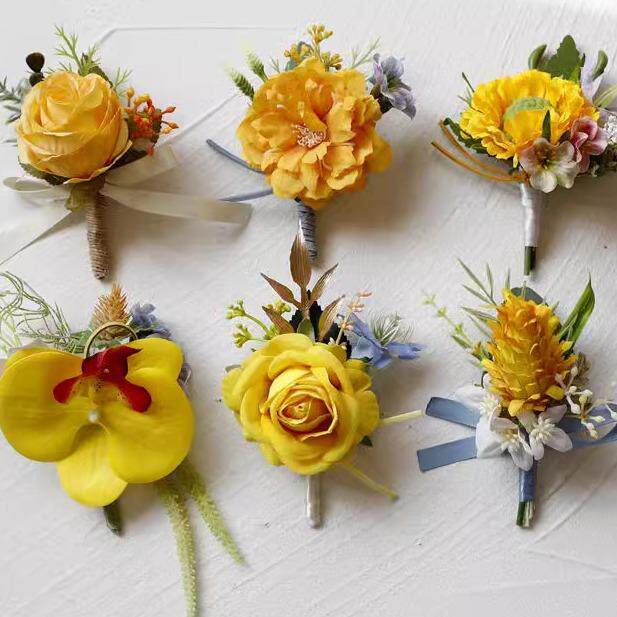 黄色仿真玫瑰新娘伴娘结婚手腕花新郎伴郎摄影旅拍会议活动胸花