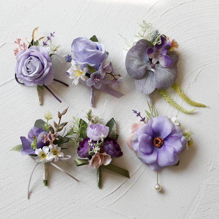 紫色仿真玫瑰新娘伴娘婚礼手腕花新郎伴郎商务会议活动开业胸花