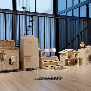 木制儿童彷真扮家家酒北欧风厨房小冰箱洗衣机迷你做饭娃娃房间玩