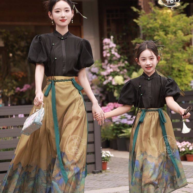 原创亲子汉服母女装秋唐装中国风千里江山女童汉服马面裙新中式
