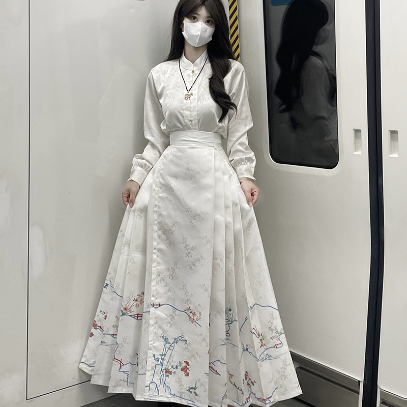 原创仿孔府花鸟裙马面裙套装新款汉服女日常可穿提花印花醉梦夕风