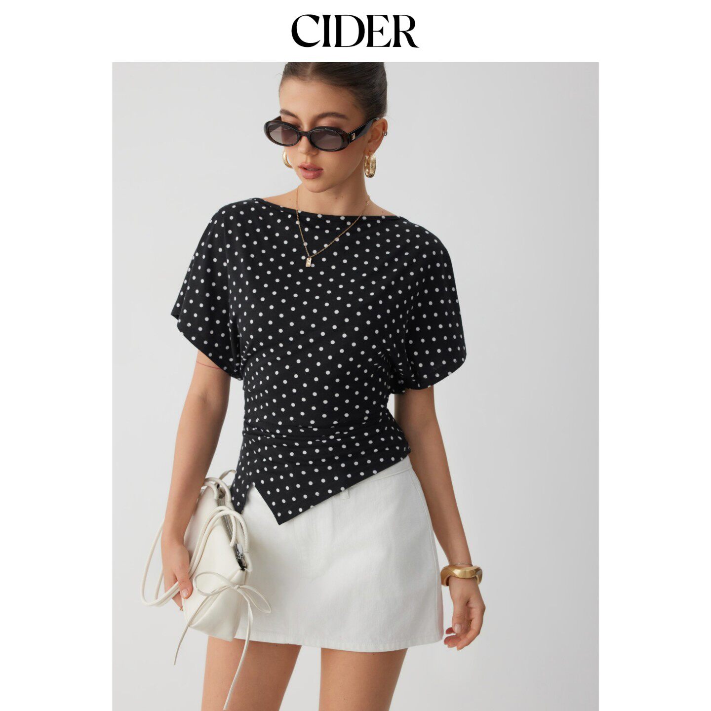 CIDER2026早秋季新品波点船领蝙蝠袖褶皱不对称上衣115426810图片