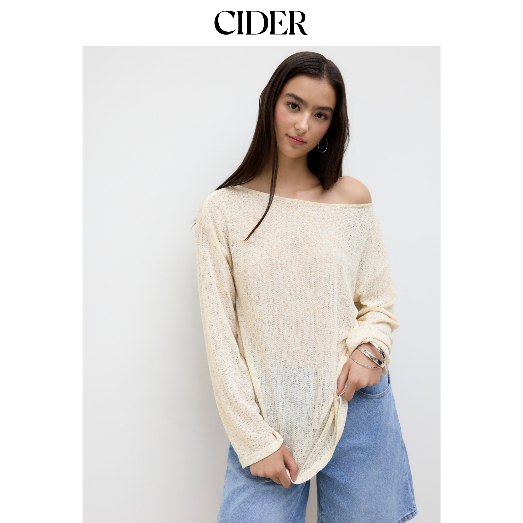 CIDER 亚麻设计感不规则船领宽松针织衫上衣114615946