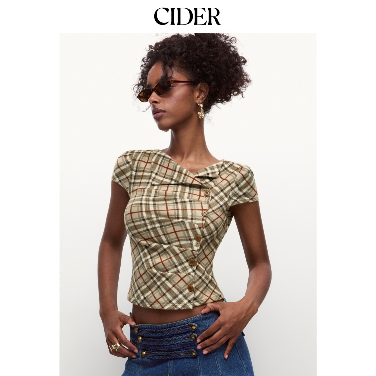 CIDER2026秋季新品格纹褶皱不对称短袖上衣115538371图片