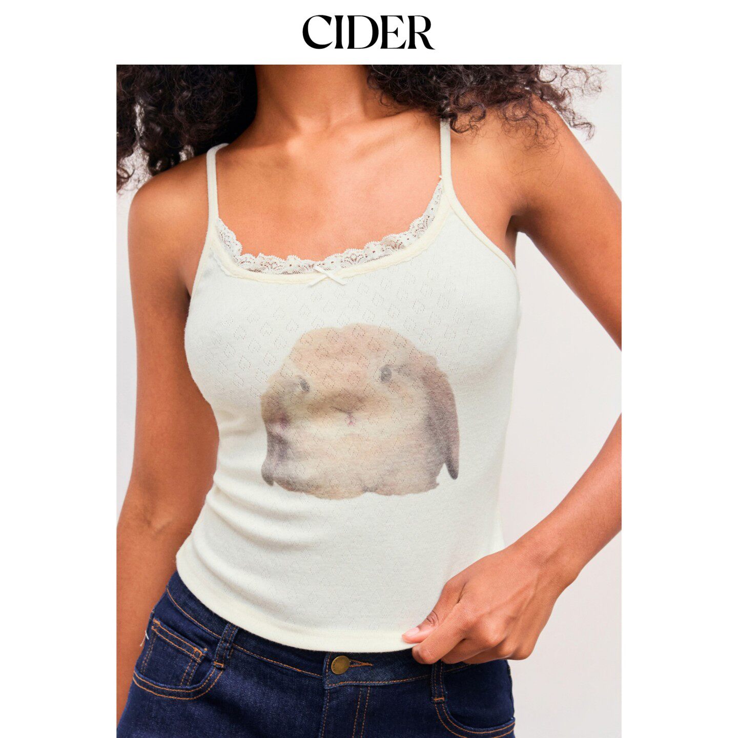CIDER2026春季新品兔印花蝴蝶结蕾丝边抹胸上衣112129336 - 实物图