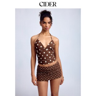CIDER波点挂脖褶皱上衣搭配中腰迷你紧身半身裙套装115351013