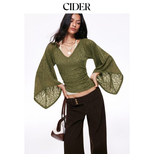 CIDER2026秋季新品肌理腰果花V领喇叭袖褶皱上衣115820420