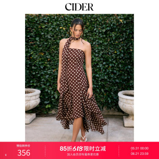 CIDER2026春季新品雪纺挂脖波点荷叶边褶裥长连衣裙115180241