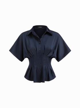 CIDERchic风春秋新品女装缎面翻领收腰短袖百褶上衣114824186