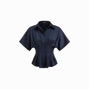 缎面翻领收腰短袖 百褶上衣114824186 女装 CIDERchic风春秋新品