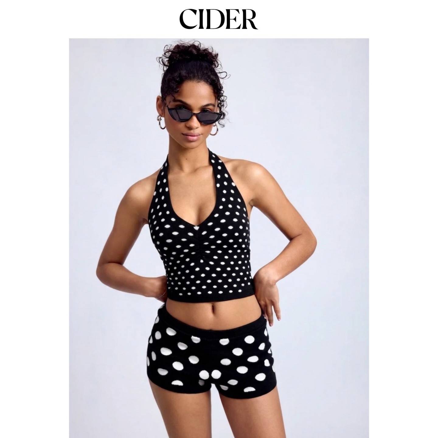 CIDER2026早秋穿搭针织波点挂脖短款上衣配中腰短裤套装115368393图片