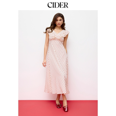 CIDER圆点荷叶边V领长连衣裙115127529