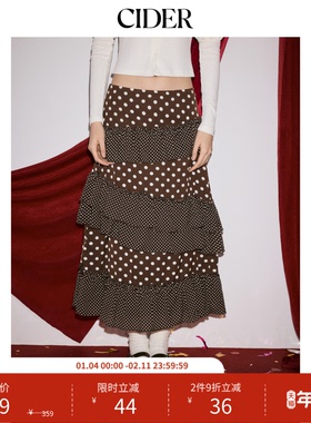 CIDER波点拼接荷叶边压褶中长裙多层褶边蛋糕裙半身裙114750476