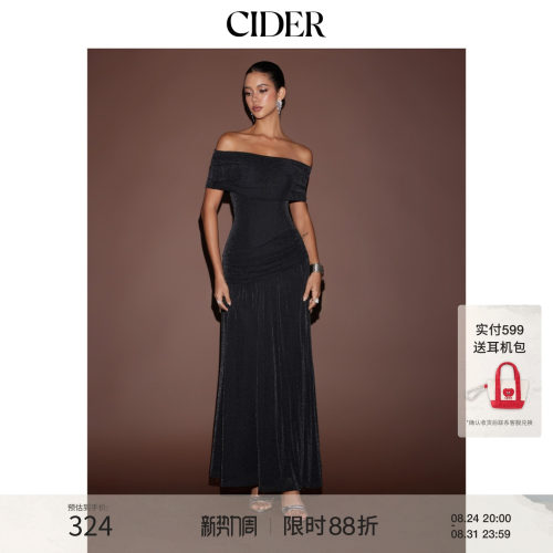 CIDER2026秋季新品金属感网纱露肩垂坠紧身长连衣裙115735926
