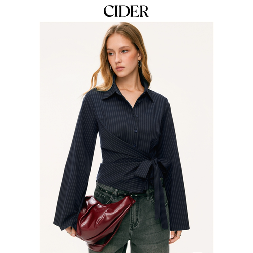 CIDERchic风翻领条纹侧系带喇叭袖上衣115023779
