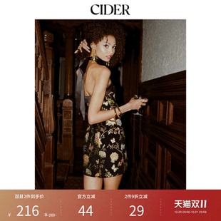 CIDER美式a字提花碎花约会抹胸迷你连衣裙配蝴蝶结丝巾115009973