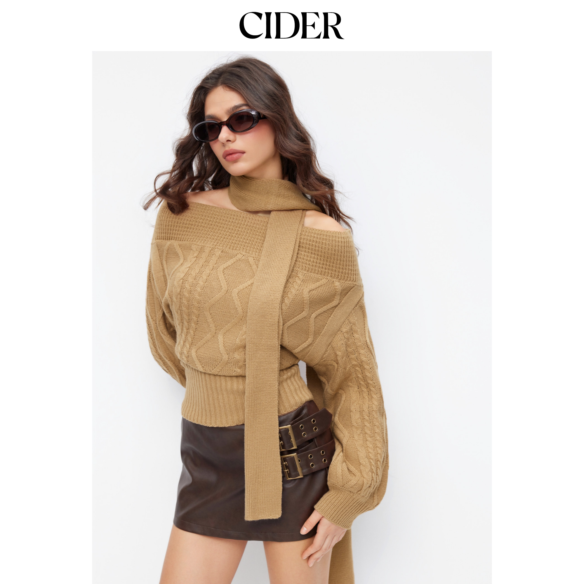 CIDER麻花针织露肩灯笼袖束腰上衣配围巾115003479