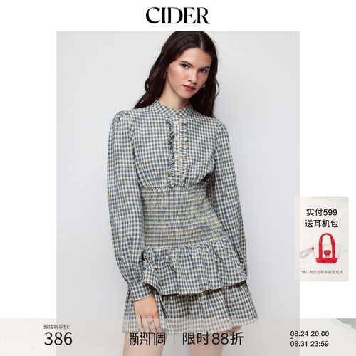 CIDER棉混纺格纹立领灯笼袖荷叶边层叠迷你连衣裙115742762