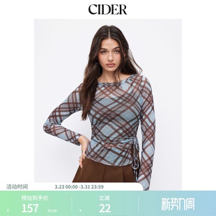 CIDER网纱船领格纹抽绳上衣搭配纯色吊带114981254