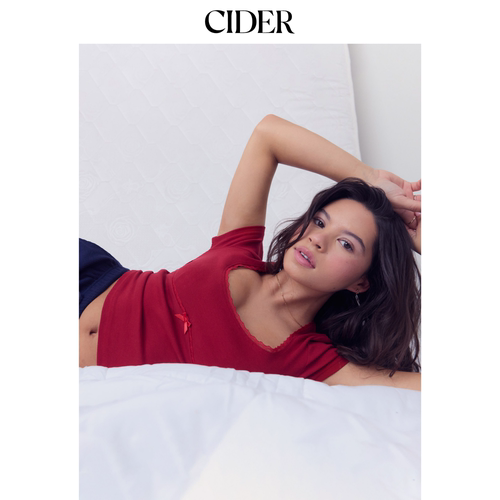 CIDER棉质混纺U领领荷叶边短袖甜美风短款红色T恤114300481