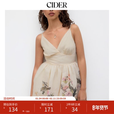 CIDER 夏季女装V领碎花褶边抽绳迷你连衣裙114422920