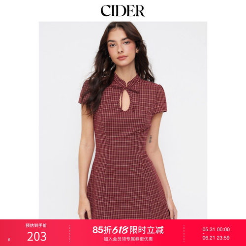 CIDER学院风格纹镂空蝴蝶结泡泡袖迷你连衣裙115029119