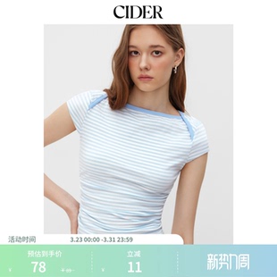 114578165 棉船领抽褶条纹T恤女装 CIDER美式 漂亮小上衣款
