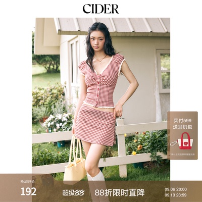 CIDER2026新品提花红色格纹插肩袖褶皱甜美短袖衬衫上衣115245878