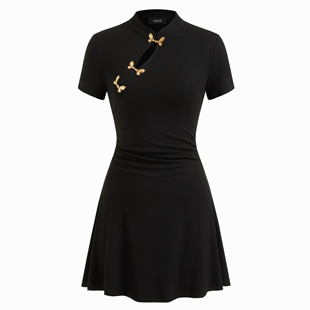 CIDER翻领短袖 114729417 金属镂空褶皱迷你连衣裙女装