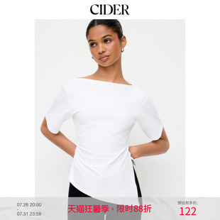CIDER2026春季新品棉混纺船领短袖不对称褶边T恤115287753