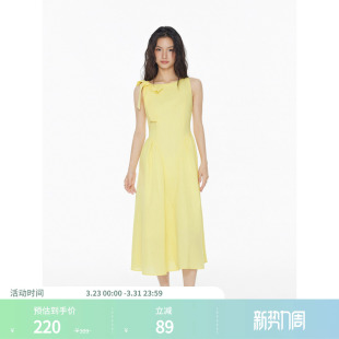 CIDER夏季 亚麻船领蝴蝶结褶边中长连衣裙114418223 女装