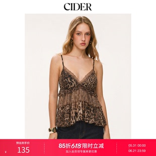 CIDER豹纹雪纺V领蕾丝边吊带上衣115132144