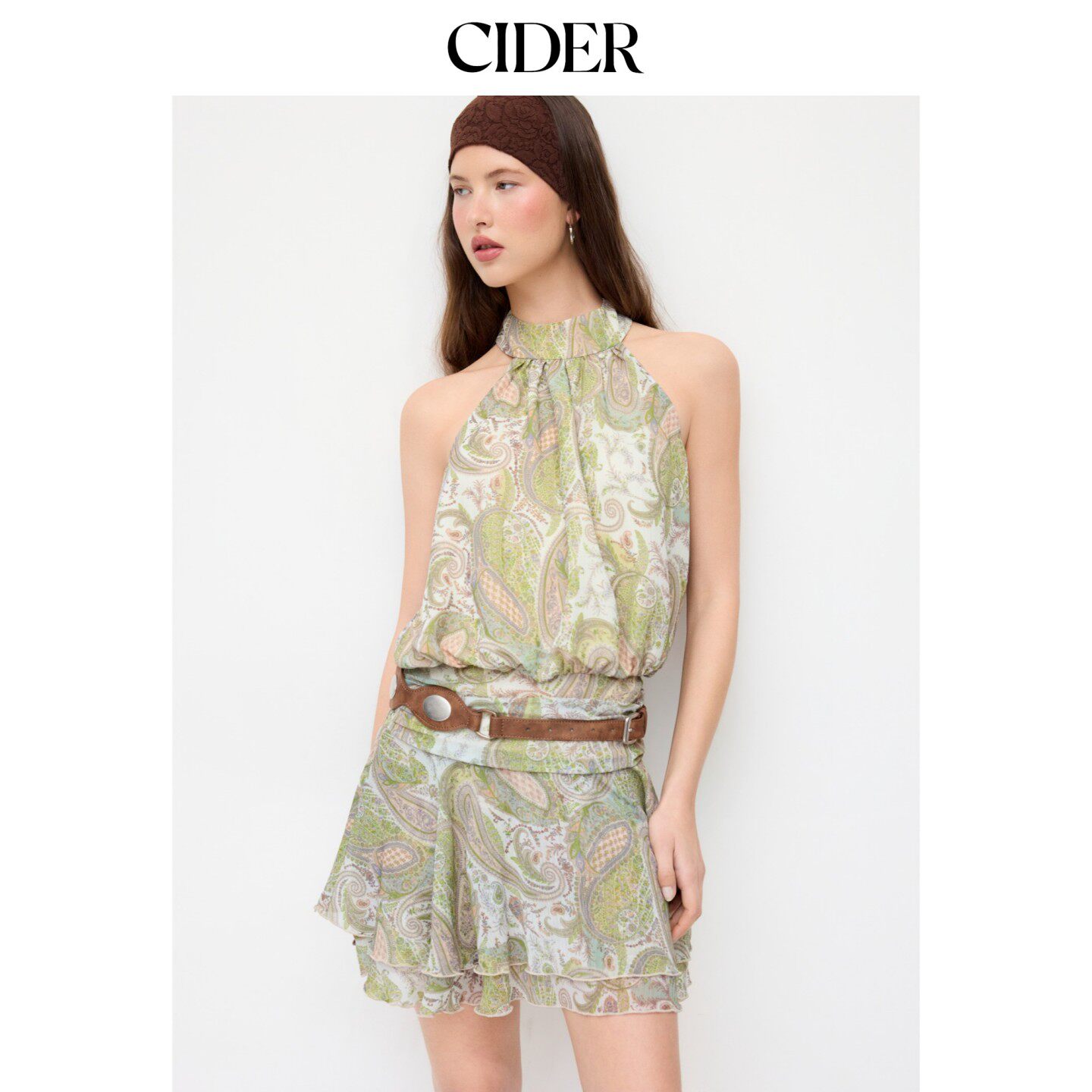 CIDER2026春季新品雪纺腰果花挂脖抽褶层叠迷你连衣裙115247505图片