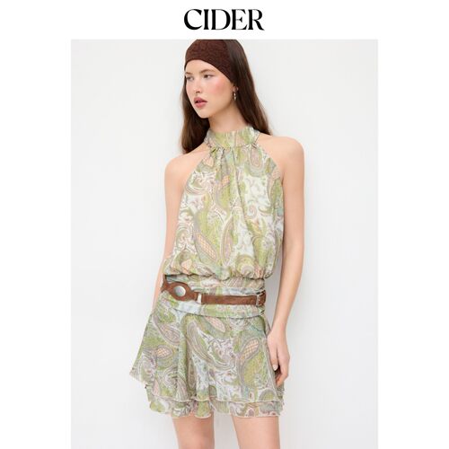 CIDER2026春季新品雪纺腰果花挂脖抽褶层叠迷你连衣裙115247505