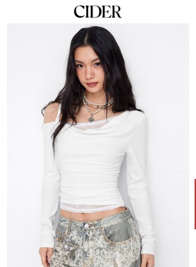CIDER不对称领口长袖蕾丝褶皱上衣114993948