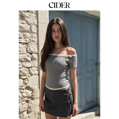 CIDER2026秋季新品麻花一字肩蝴蝶结撞色镶边短款上衣115506547