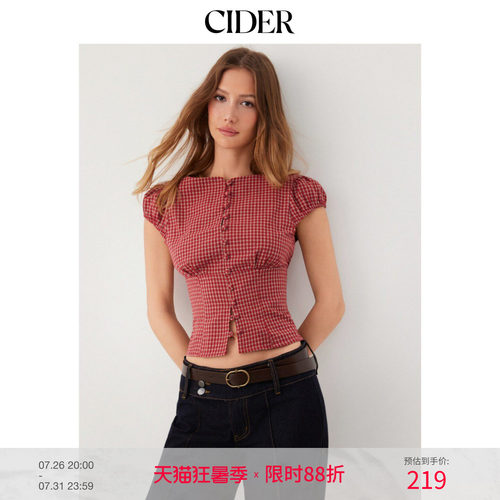 【明星同款】CIDER2026春新品红色格纹方领泡泡袖短上衣115167838