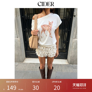 CIDER秋季新品棉混纺鹿与蝴蝶结印花不对称领上衣115486644
