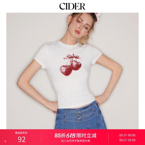 【明星同款】CIDER正品樱桃印花T恤圆领正肩女装114359183