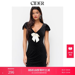 CIDER丝绒V领波点蝴蝶结水钻美人鱼长连衣裙114982680