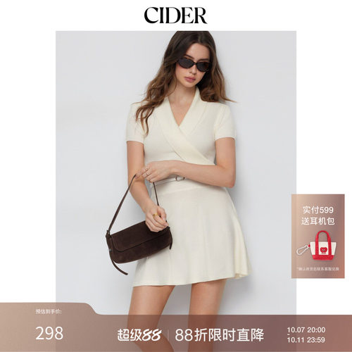 CIDER羊毛混纺针织披肩领短袖A字迷你连衣裙配腰带115690362