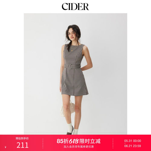 CIDER2026春季新品提花格纹船领A字迷你连衣裙配腰带115211332