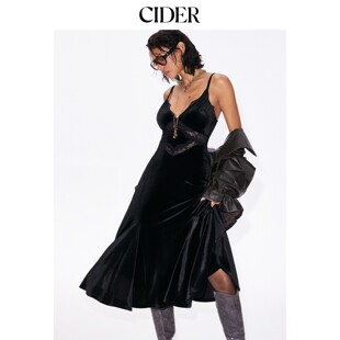 CIDER2026秋季新品天鹅绒V领蕾丝拼接A字中长连衣裙115710407