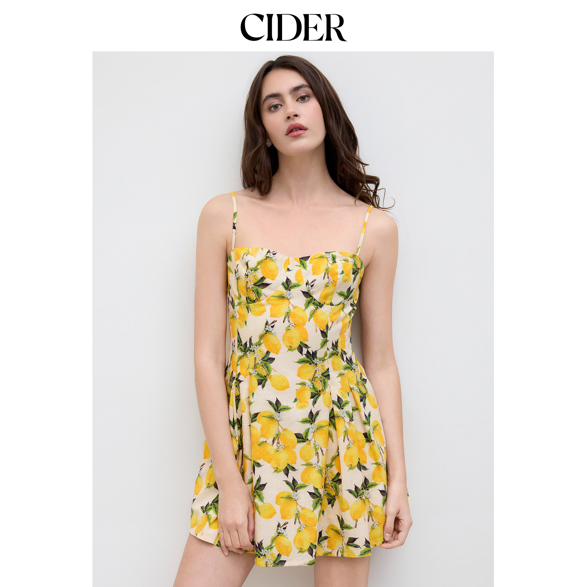 CIDER 清新柠檬系带甜心领棉质海边度假连衣裙11446877