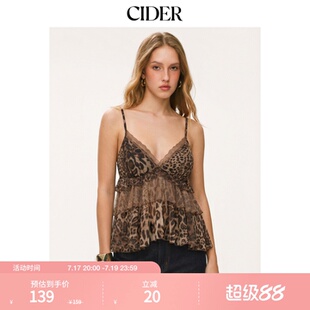 CIDER豹纹雪纺V领蕾丝边吊带上衣115132144